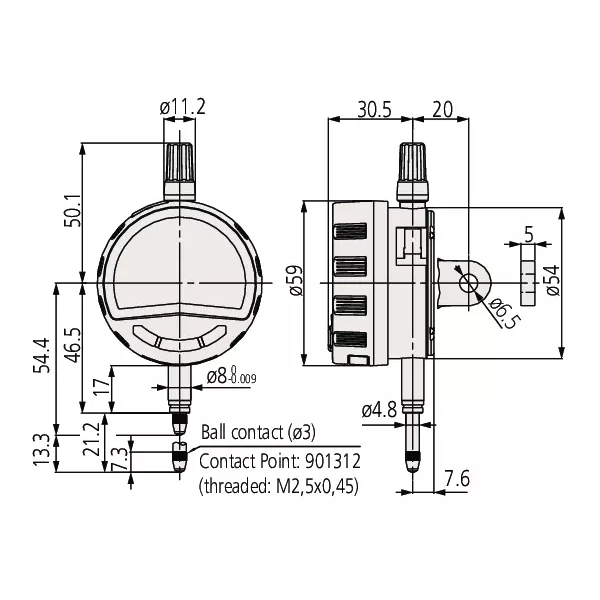 Indicator ID-C 543-705B Mitutoyo - Range: 12.7 mm, Res: 0.0005 mm - Flat Back Plate