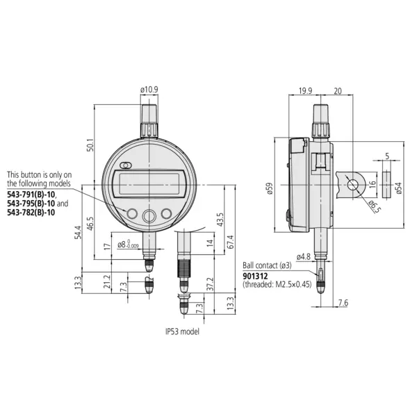 Indicator ID-S, 543-794-10 Mitutoyo IP53 - Range: 12.7 mm, Res: 0.001 mm - Lug Back Plate