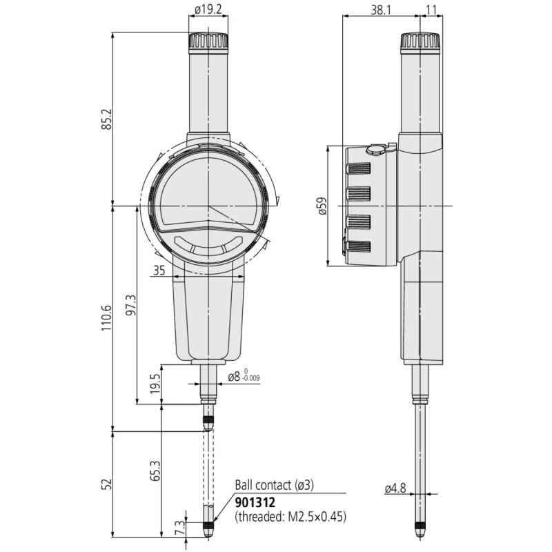 Indicator ID-F 543-853D Mitutoyo - Range: 50.8 mm, Res: 0.0005 mm - CEE AC-Adapter