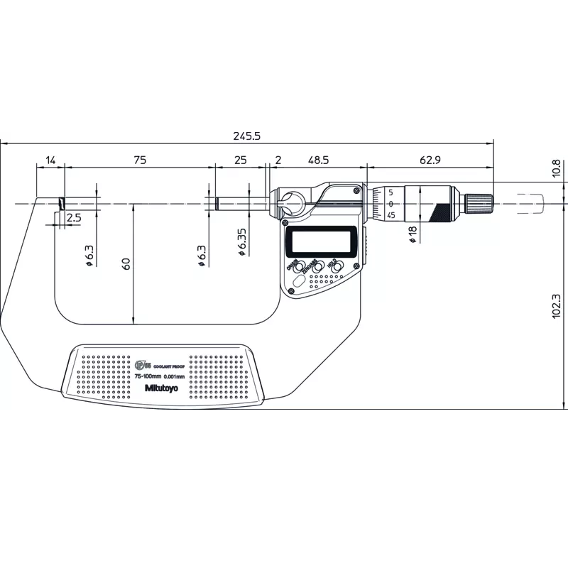 Mitutoyo Micrometer 293-233-30 – Range: 75 - 100 mm – With ratchet stop on the spindle – With data output