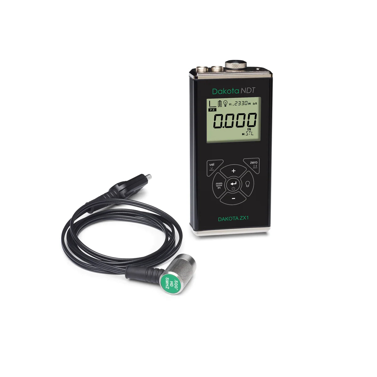 Spessimetro a ultrasuoni Dakota NDT ZX1, vista frontale con display LCD