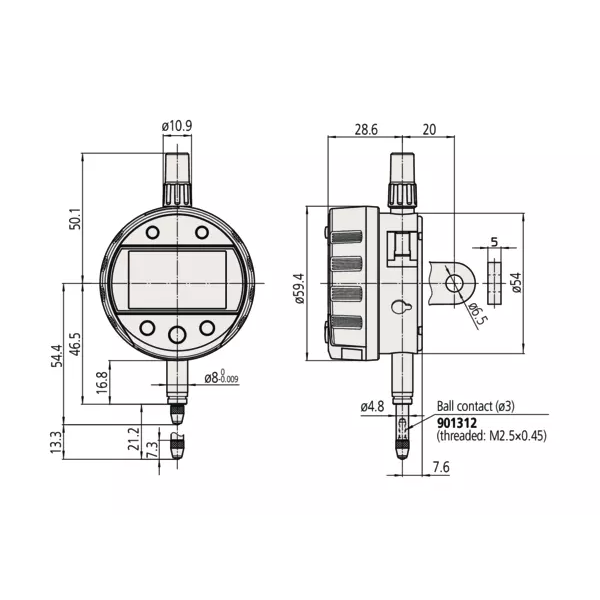 Indicator ID-C 543-300-10 Mitutoyo - Range: 12.7 mm, Res: 0.001 mm - Lug Back Plate