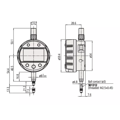 Indicator ID-C 543-310B-10 Mitutoyo - Range: 12.7 mm, Res: 0.001 mm - Flat Back Plate