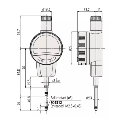 Indicator ID-C 543-725B Mitutoyo - Range: 25.4 mm, Res: 0.01 mm - Flat Back Plate