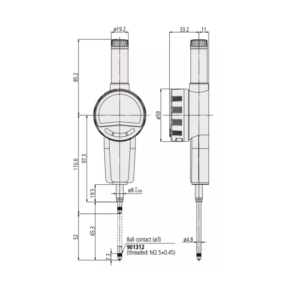Indicator ID-C 543-735B Mitutoyo - Range: 50.8 mm, Res: 0.01 mm - Flat Back Plate