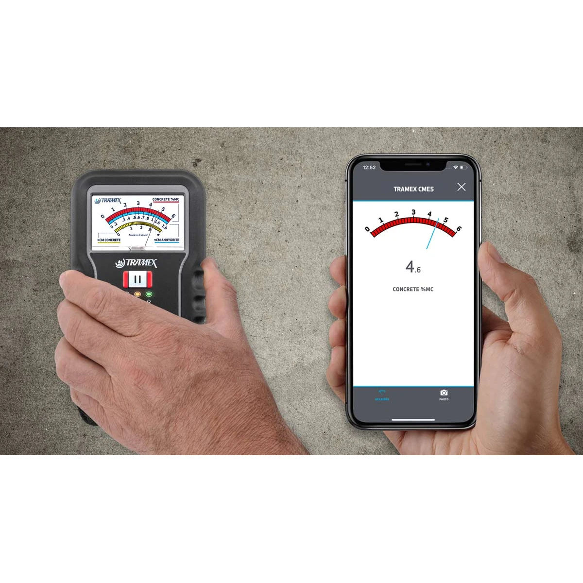 Tramex CME5 collegato via Bluetooth all’app Tramex Meters durante la misura su calcestruzzo