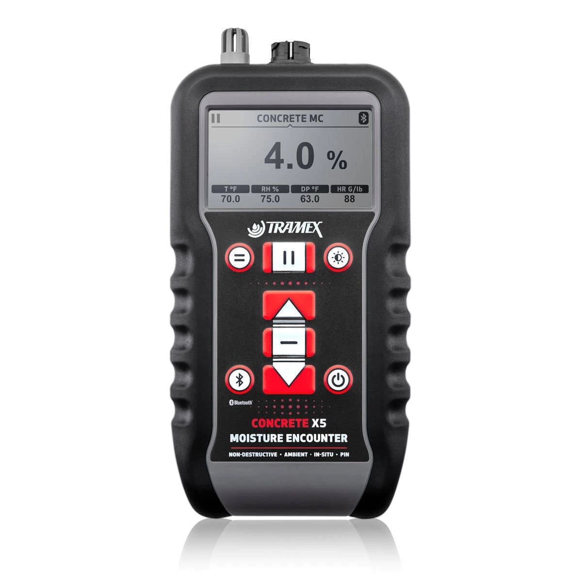 Misuratore di umidità digitale per calcestruzzo Tramex CMEX5, vista frontale con display