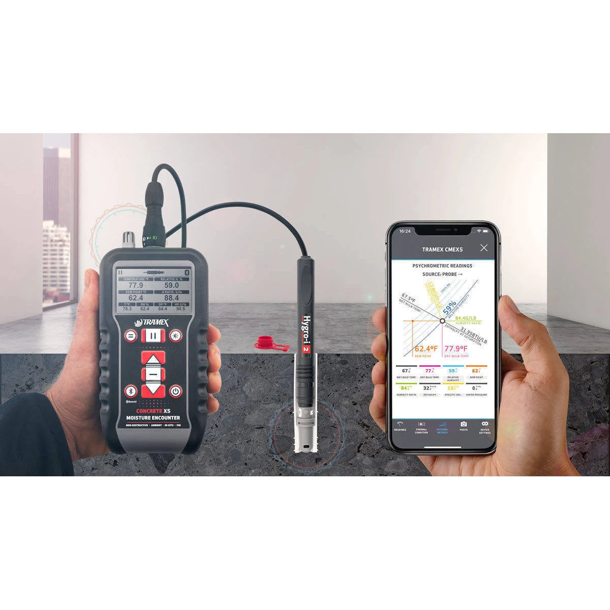Tramex CMEX5 con sonda Hygro-i2 per la prova di umidità relativa in situ secondo ASTM F2170