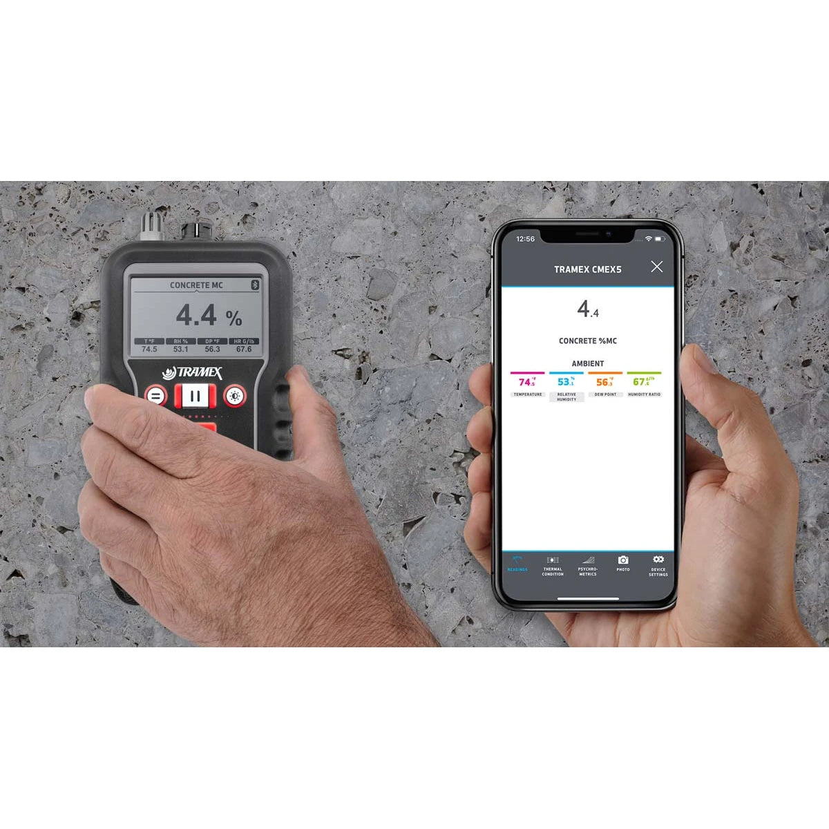 Tramex CMEX5 collegato all’app Tramex Meters durante la misura non distruttiva su calcestruzzo