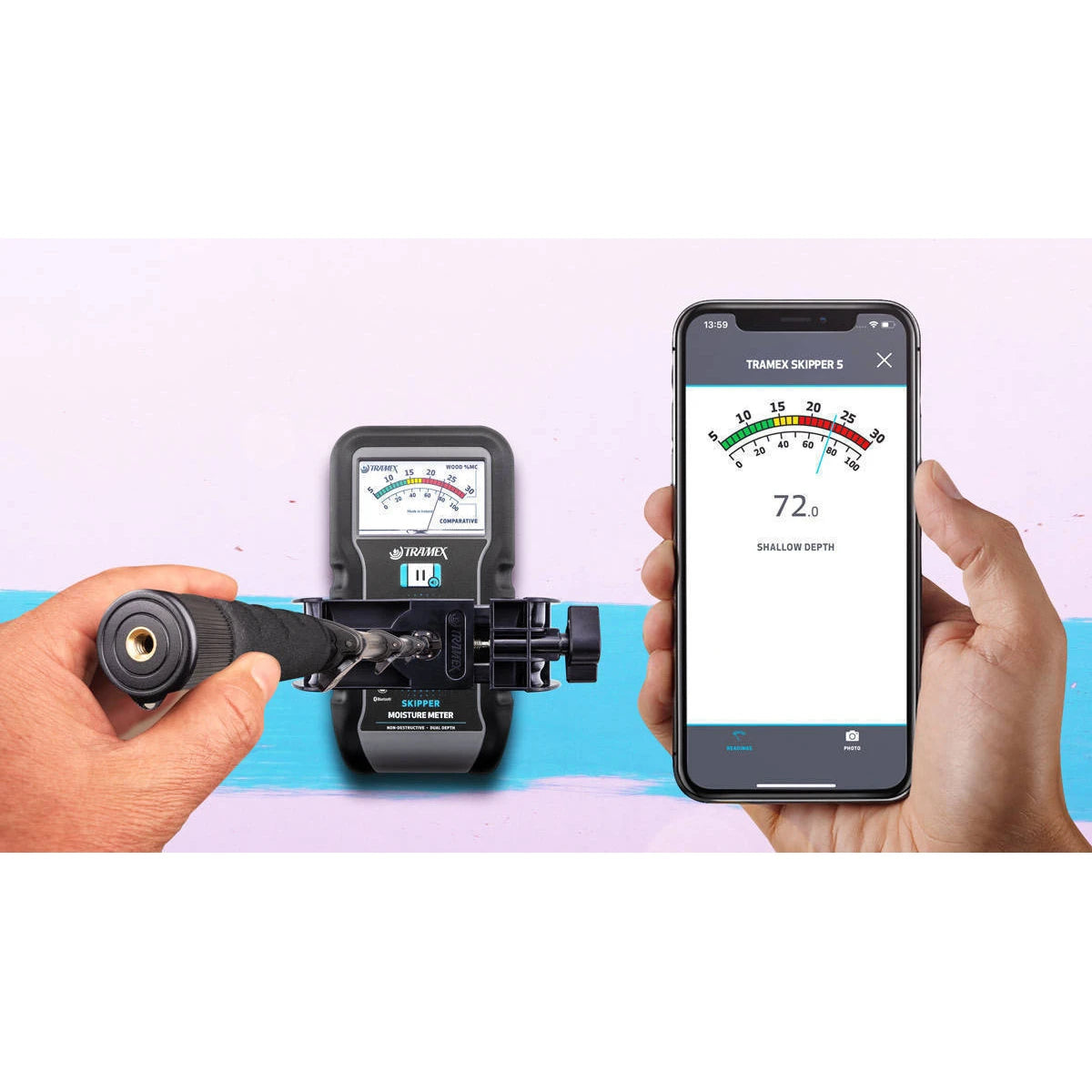 Tramex Skipper 5 sulla prolunga E5-HBS con lettura inviata all’app Tramex Meters